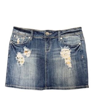 Grace In LA Distressed Denim Mini Skirt Rhinestones & Fabric Backing Size Large
